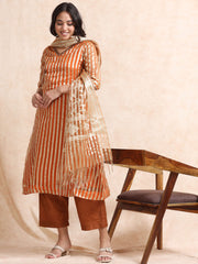 Saffron A-Line Tissue Banarasi Broad Stripe Fancy Premium Kurti Set